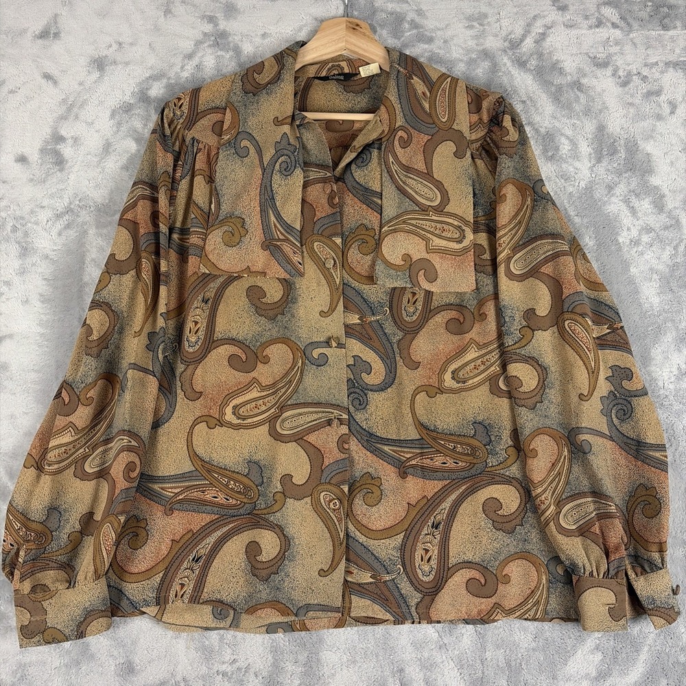 Vintage 80's Dalton Paisley Flowy Blouse Brown Tan Tie Neck Size 14
